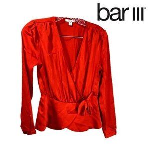 BAR III Women's Red Long Sleeve‎ V Neck Faux Wrap Tie-Waist Top